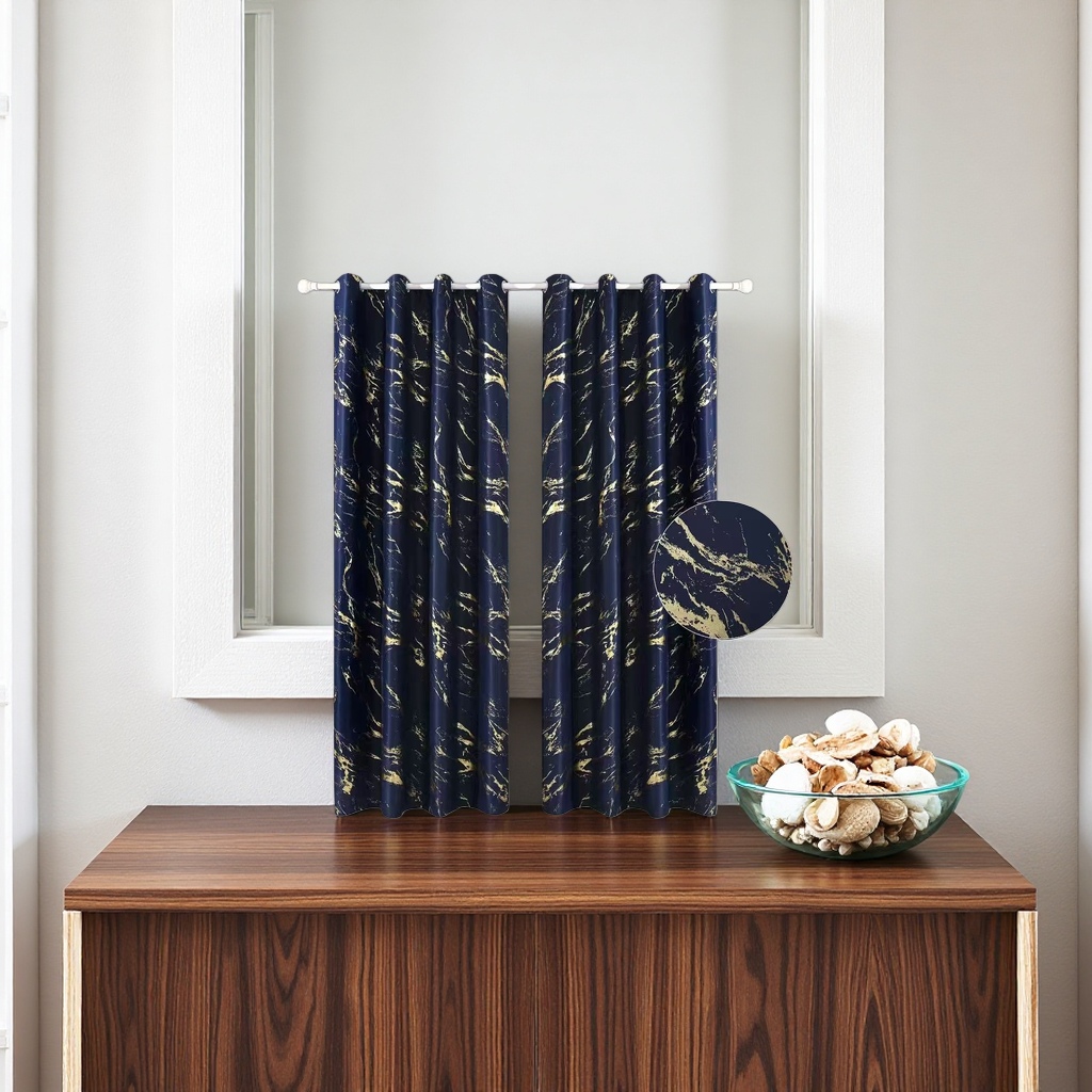 The deep blue curtains with golden texture block light and insulate heat, suitable for living rooms, bedrooms and bay Windows