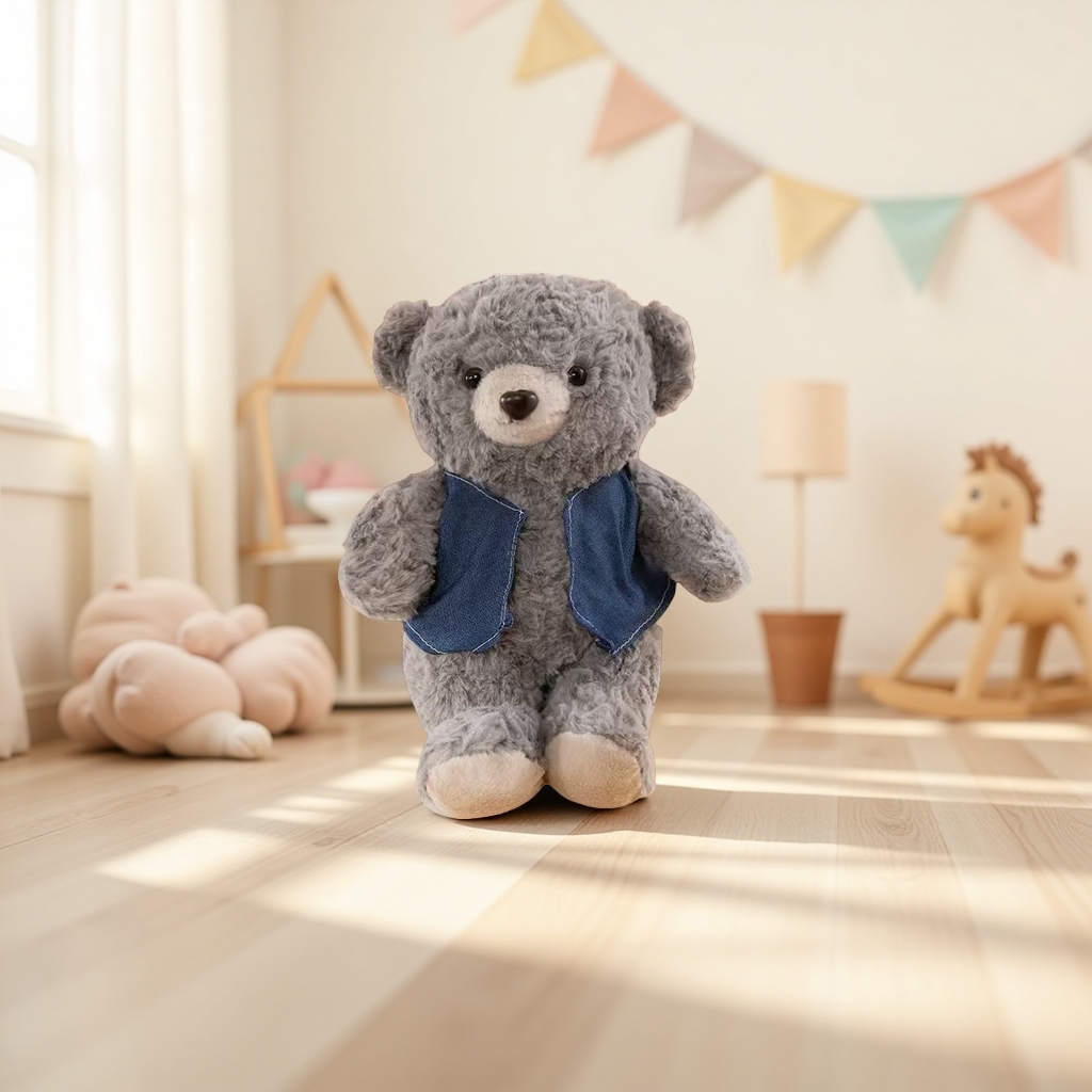 The grey plush toy bear is cute and soft. It's a plush bear as a children's gift