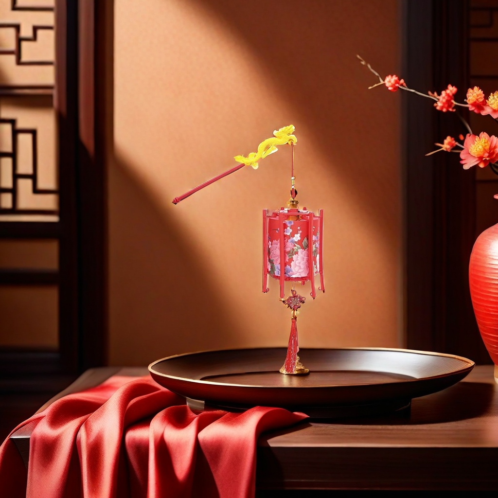 Red lanterns made of silk and hand-embroidered for indoor living room entrance decoration details Picture