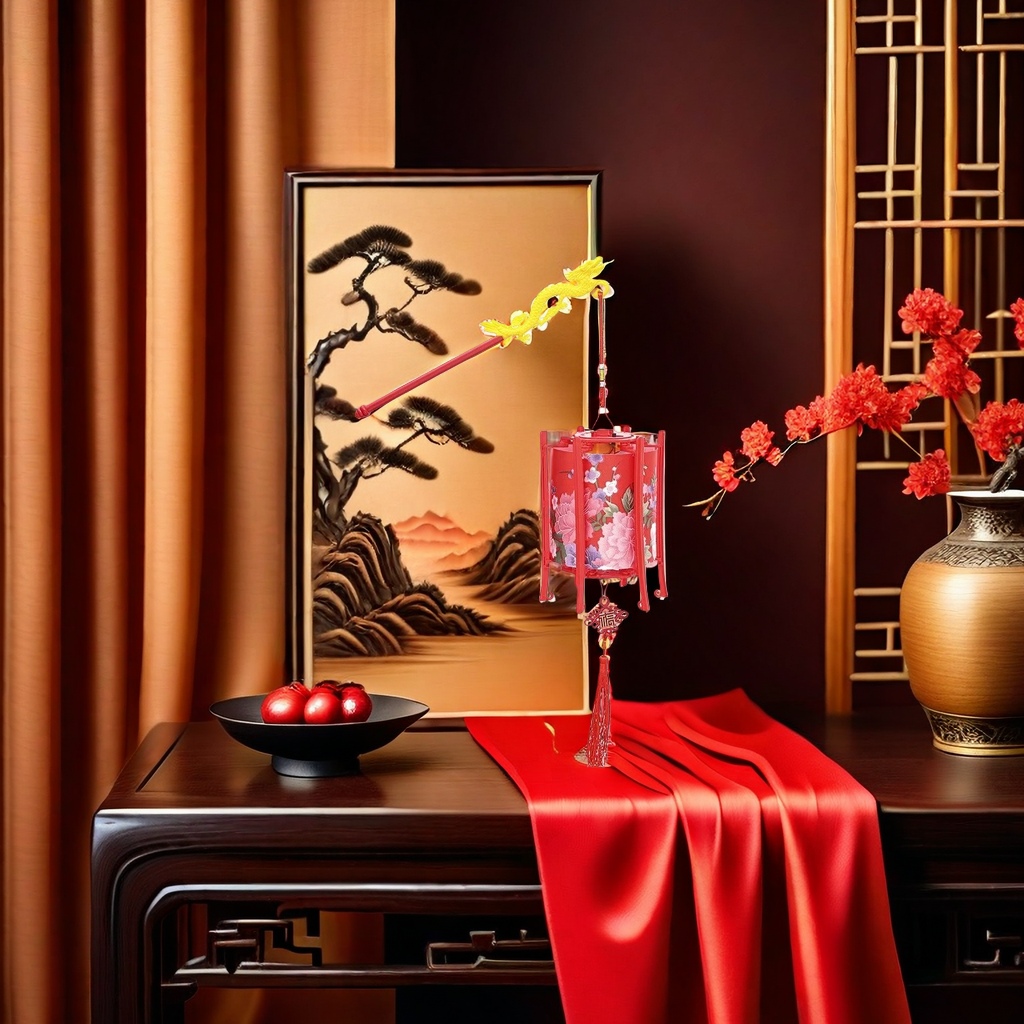 Red lanterns made of silk and hand-embroidered for indoor living room entrance decoration