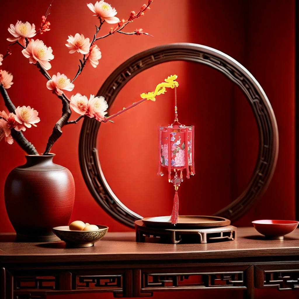Red lanterns made of silk and hand-embroidered for indoor living room entrance decoration Application Scenario