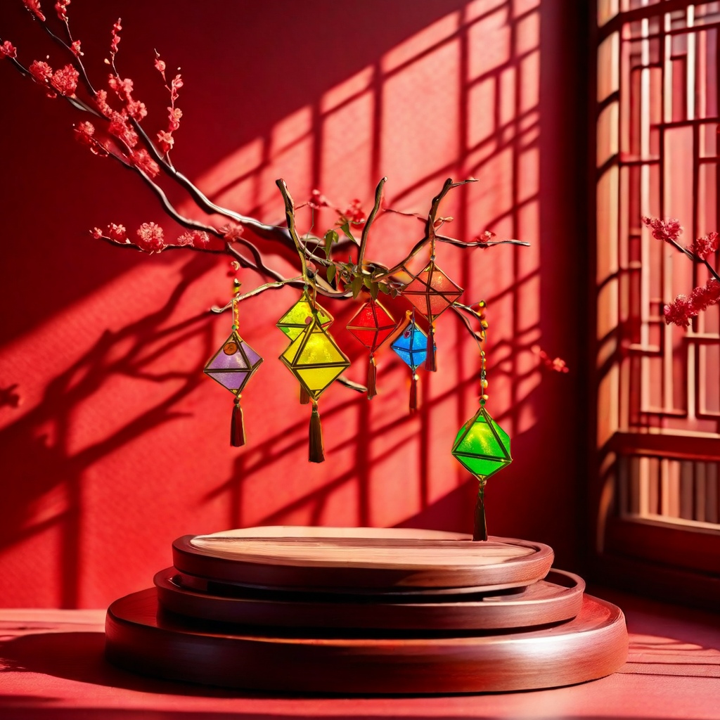 Colorful luminous lanterns, red festive decorative hanging ornaments, outdoor garden lamps