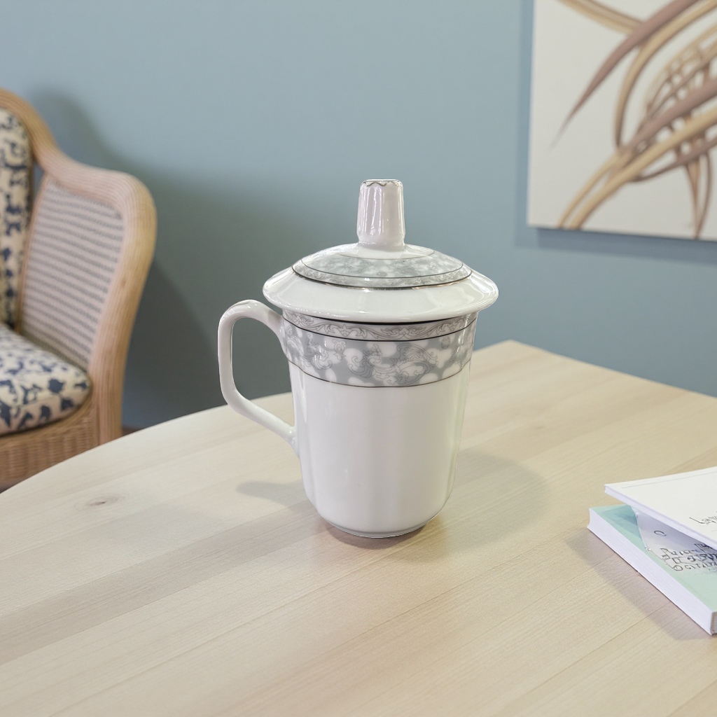 白色带盖陶瓷杯 家用简约茶杯咖啡杯耐热防烫釉面光滑