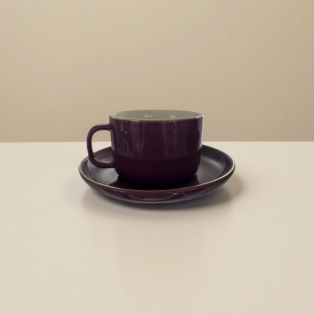 深紫色陶瓷杯配杯碟 高温烧制釉面光滑家用茶具
