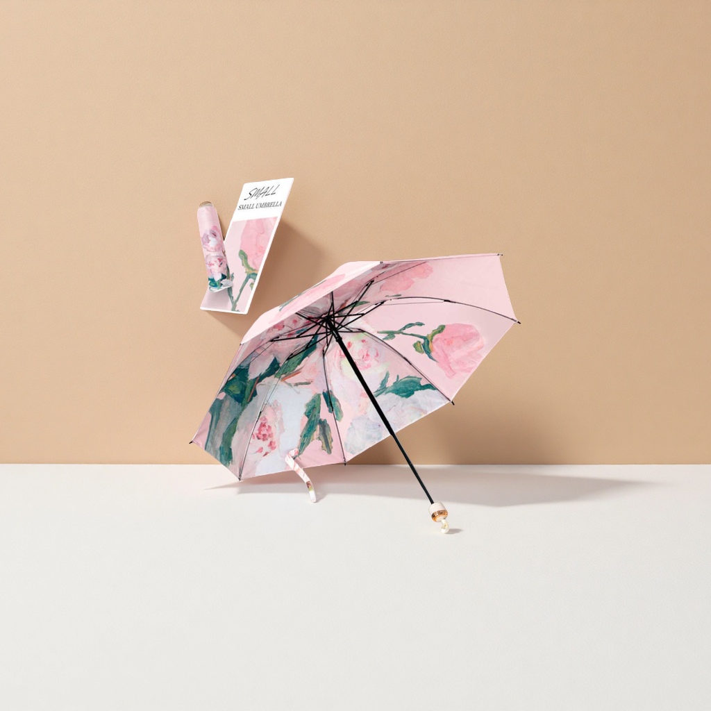 Floral pattern high-density impact-resistant fabric umbrella, three-fold portable, windproof and sun-proof