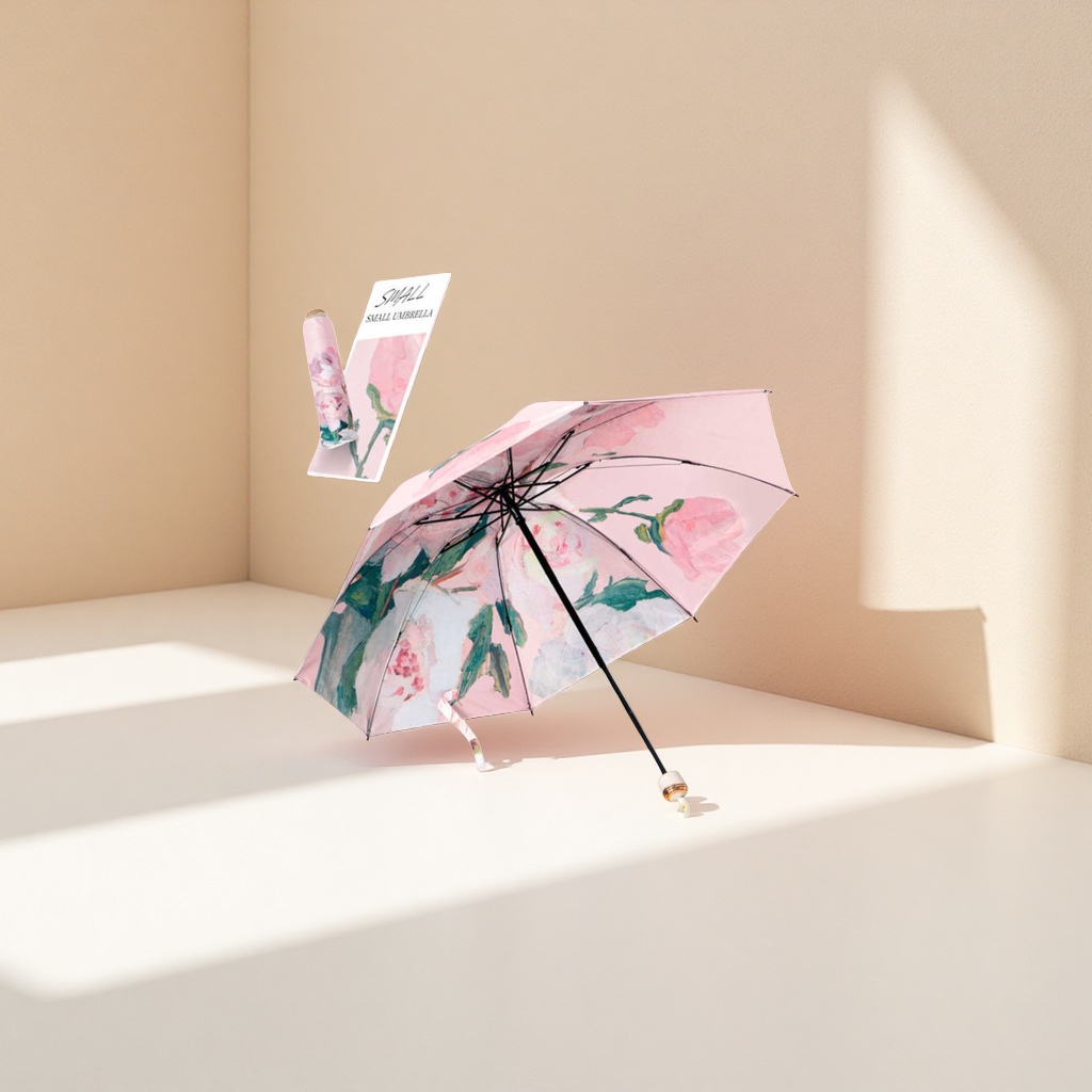 Floral pattern high-density impact-resistant fabric umbrella, three-fold portable, windproof and sun-proof details Picture