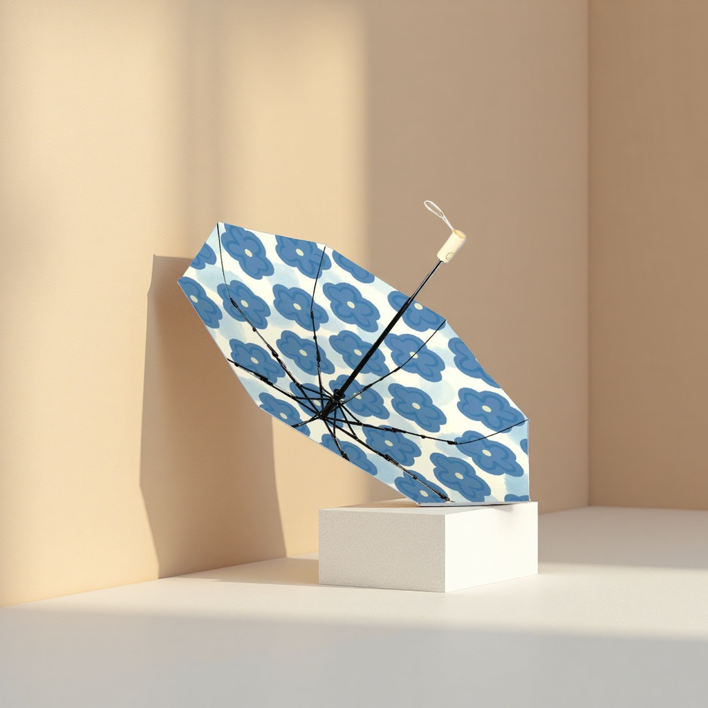 A blue flower-patterned umbrella for both weather and rain, waterproof, sun-proof, lightweight and foldable for ladies details Picture