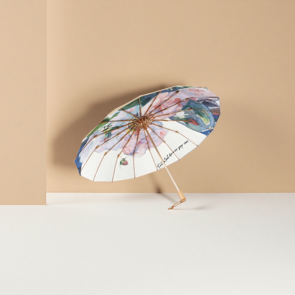 A portable, automatic opening and closing umbrella made of high-density impact-patterned fabric for women