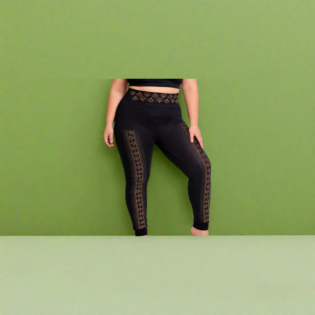 Black and gold patterned tight pants, high-elasticity slimming and form-fitting women's pants details Picture