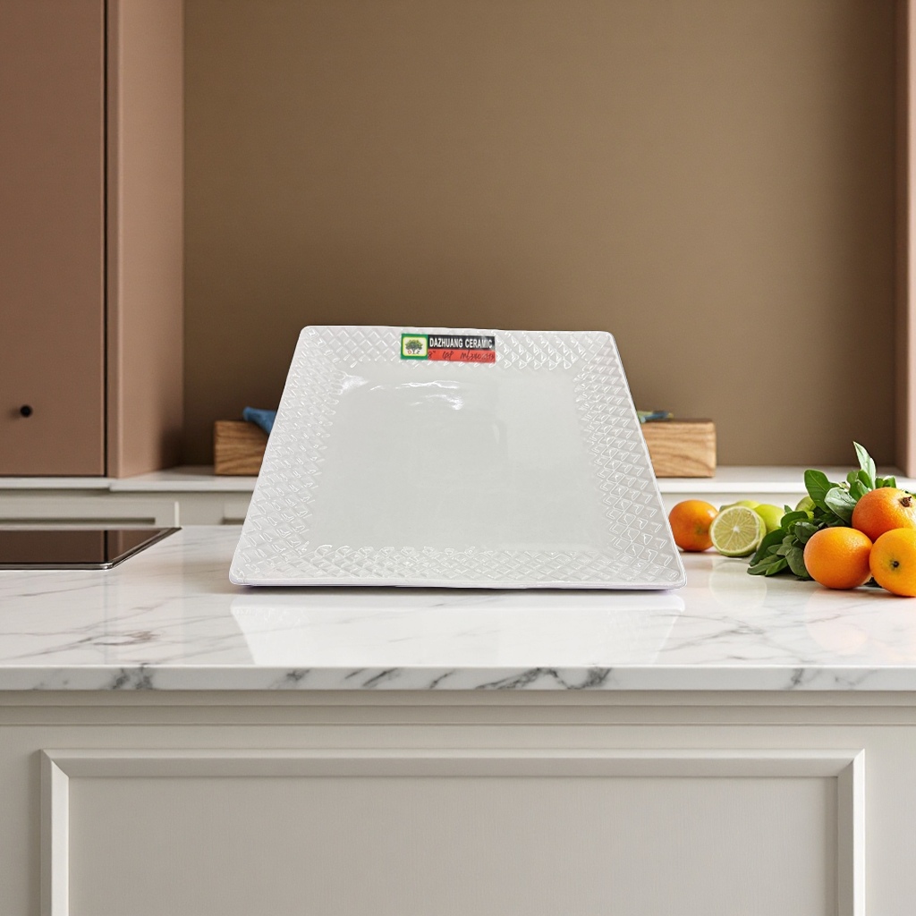 DAZHUANG CERAMIC白色方形陶瓷盘 菱形纹路边框中央光滑几何装饰