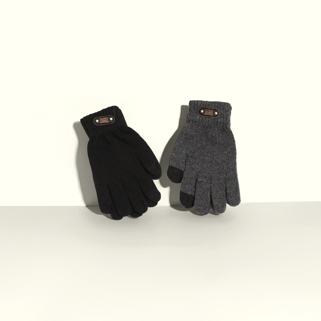 Cross-border Amazon men's autumn and winter warm cycling gloves, black and gray cotton blend, cold-proof, touch screen for five fingers details Picture