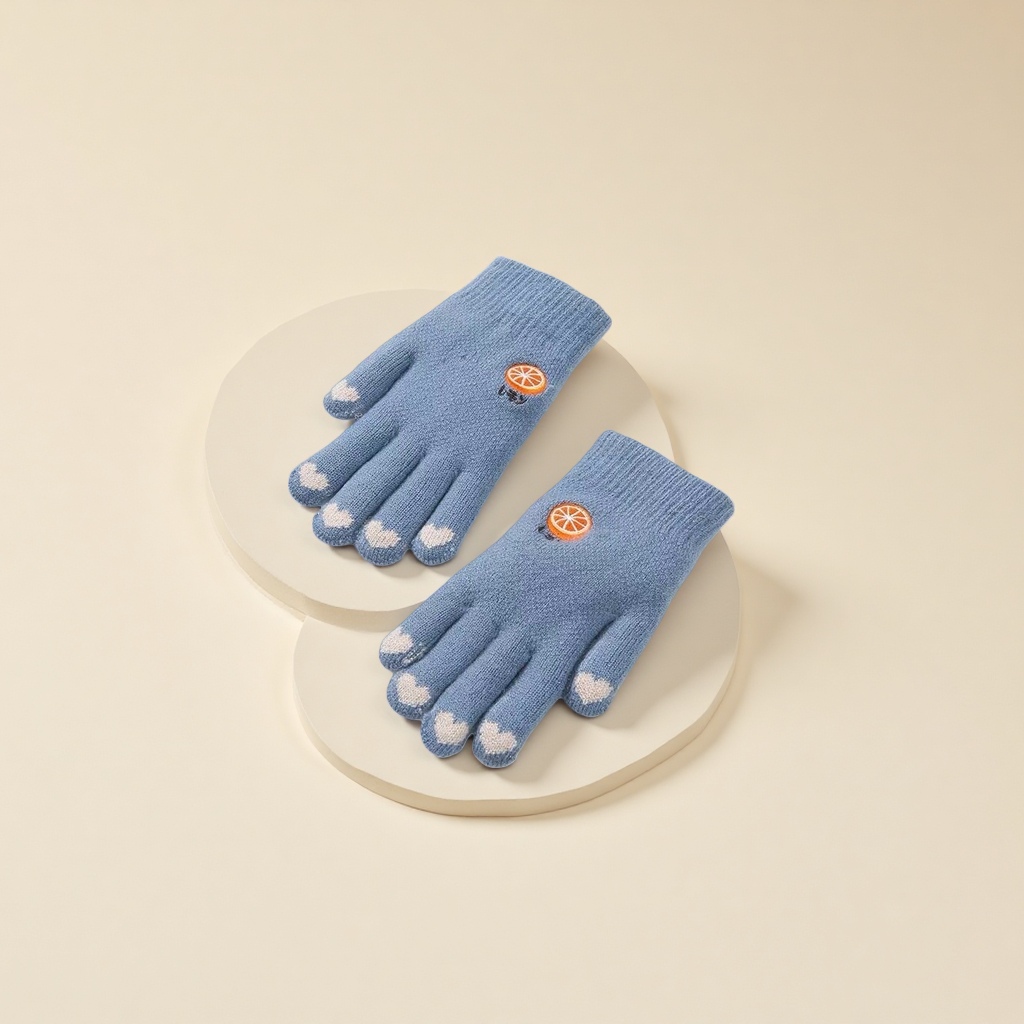 Blue knitted gloves for women, warm and anti-slip, autumn and winter style, knitted winter