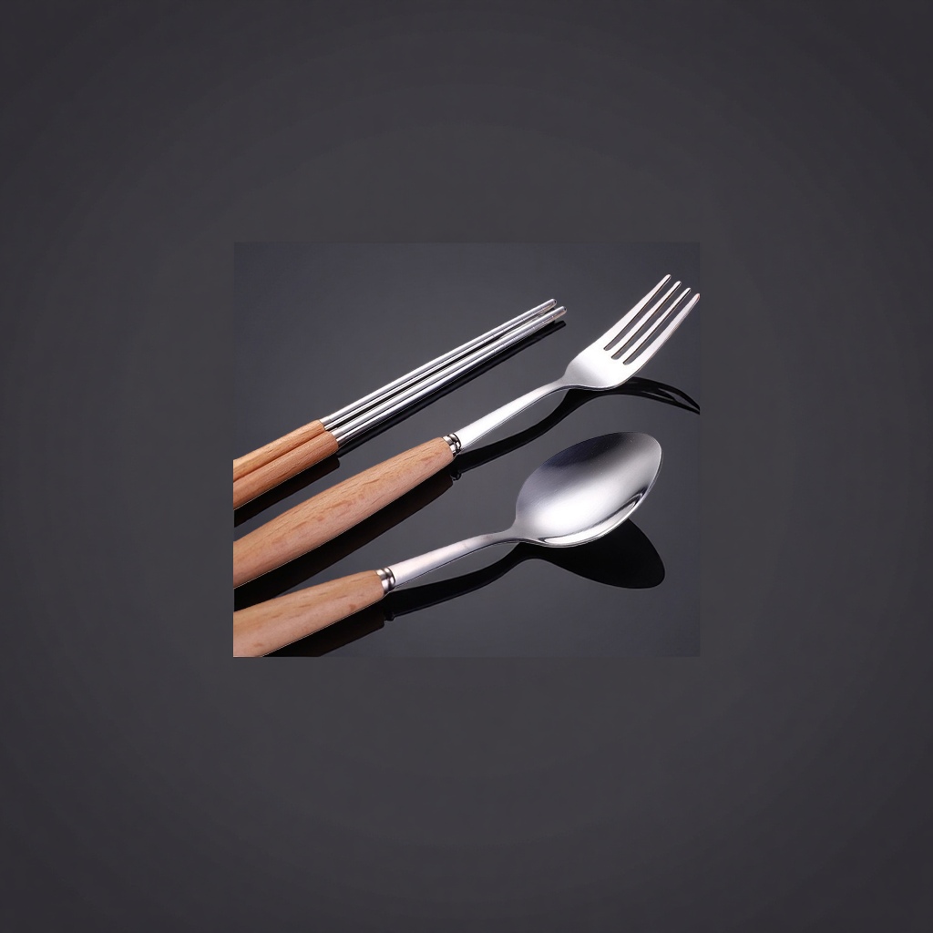 Stainless steel tableware set: Chopsticks, forks, spoons, three-piece set for home use, portability and travel details Picture