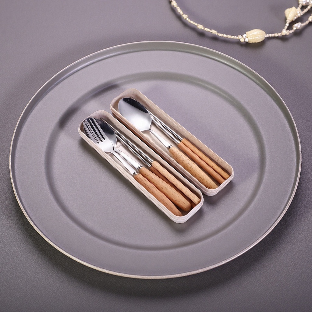 Portable tableware set, stainless steel lightweight travel lunch box with fork, spoon and chopsticks storage bag Specification image