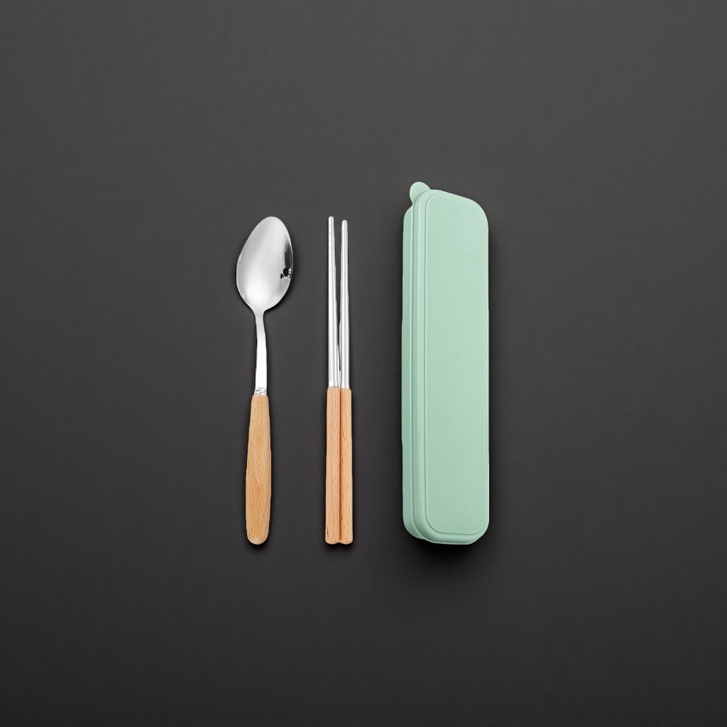 Three-piece portable dust-proof kitchen tableware set of household stainless steel spoon and chopsticks storage box details Picture