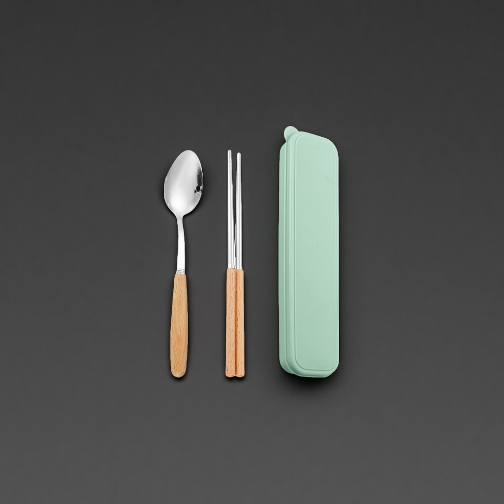 Three-piece portable dust-proof kitchen tableware set of household stainless steel spoon and chopsticks storage box