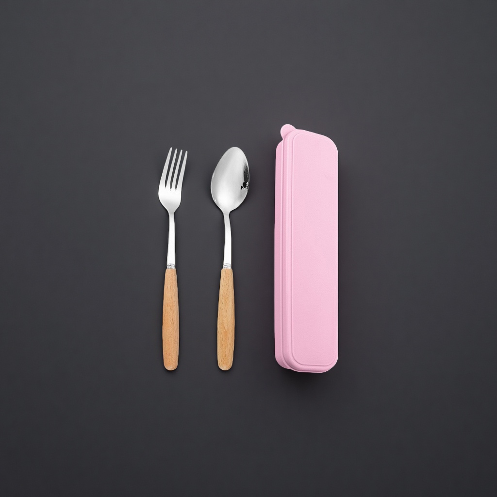 Three-piece stainless steel tableware set, fork and spoon storage box, portable for travel and home use details Picture