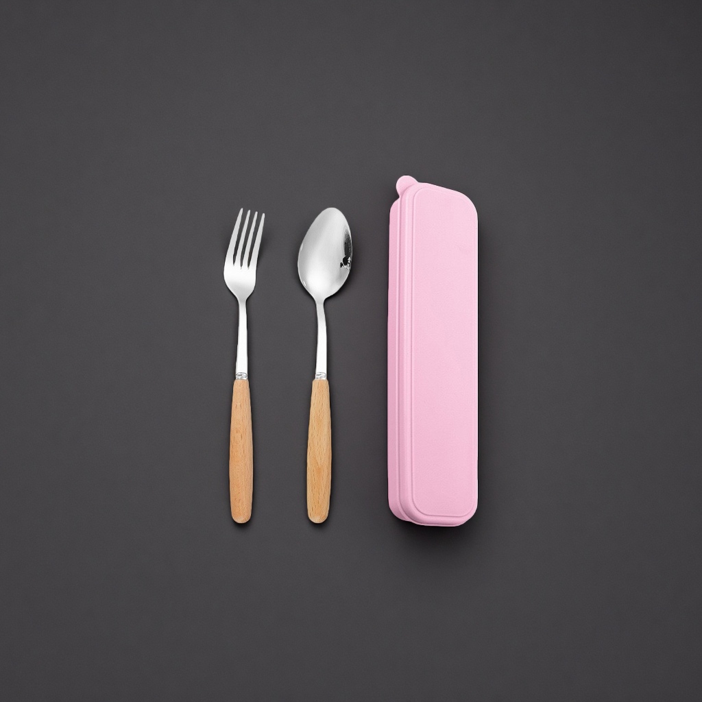 Three-piece stainless steel tableware set, fork and spoon storage box, portable for travel and home use