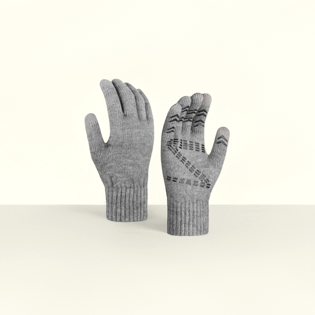 Grey knitted gloves for women, warm and anti-slip, touch screen, autumn and winter style, knitted winter details Picture