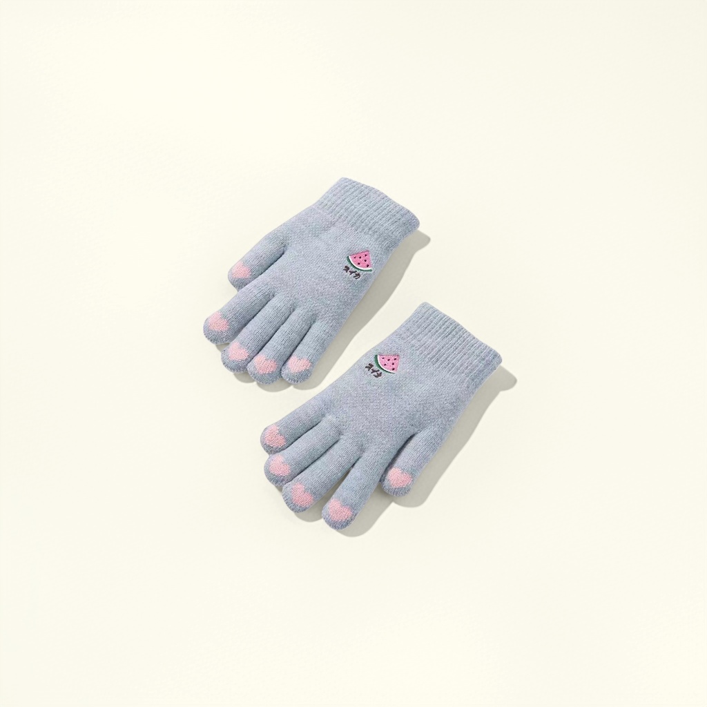 Grey knitted watermelon pattern pink fingertip gloves, knitted winter gloves