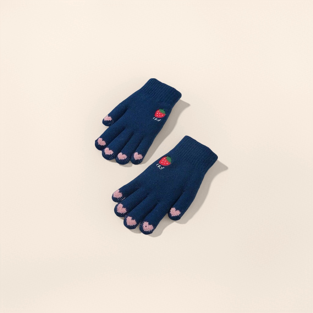 Azul oscuro fresa patrón guantes de punto rosa fingertips estilo guantes de calor y frío Specification image