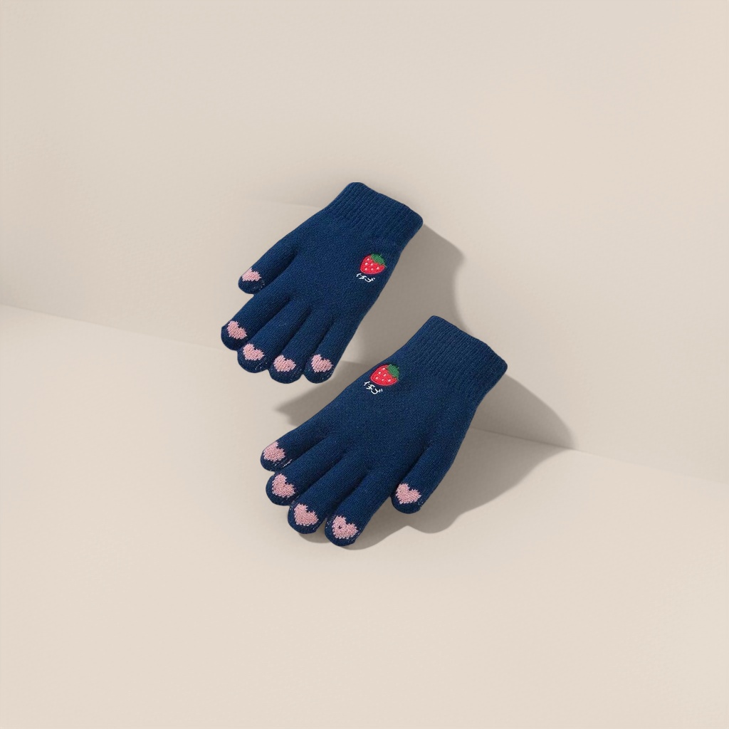 Azul oscuro fresa patrón guantes de punto rosa fingertips estilo guantes de calor y frío Application Scenario