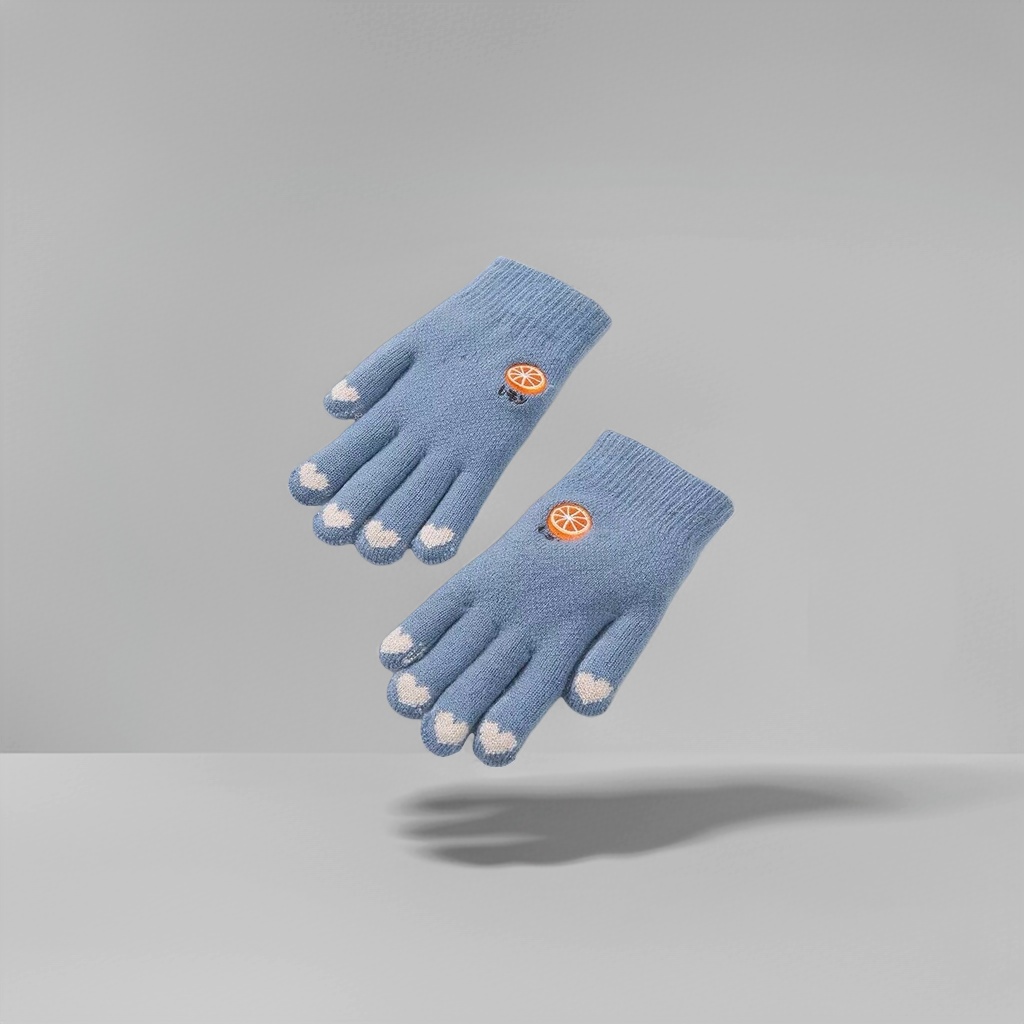 The blue knitted gloves with white heart-shaped fingertips are warm and anti-slip Specification image
