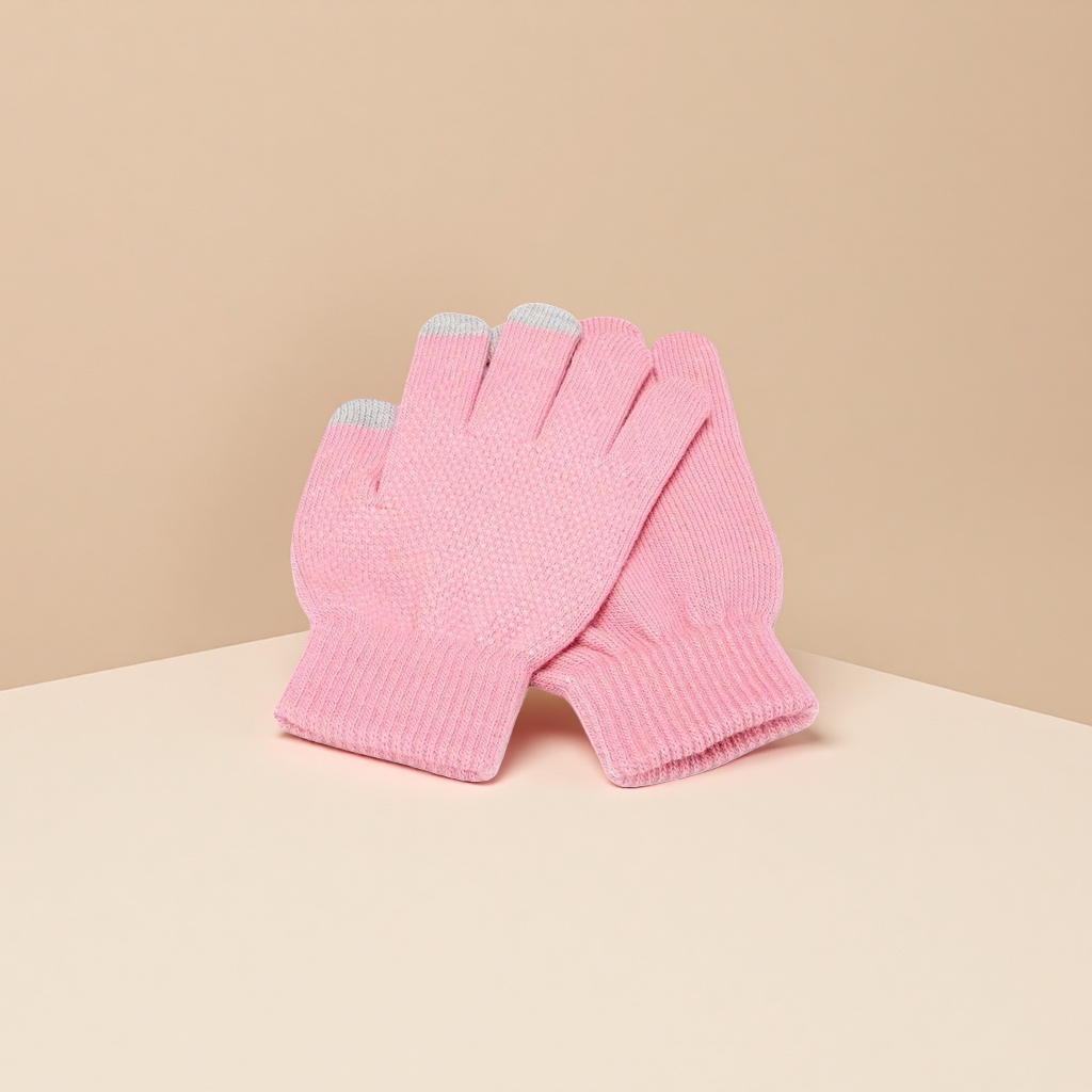 Pink knitted gloves for women, warm and anti-slip, fingertip touch screen autumn and winter style Specification image