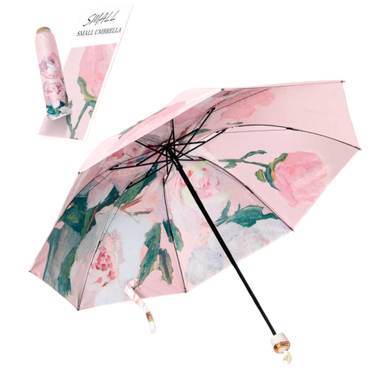 Floral pattern high-density impact-resistant fabric umbrella, three-fold portable, windproof and sun-proof Item Picture