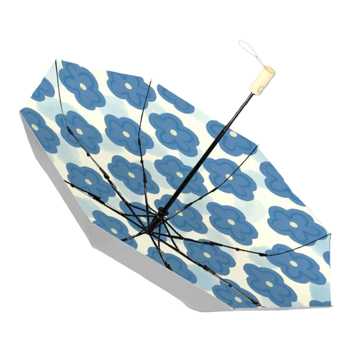 A blue flower-patterned umbrella for both weather and rain, waterproof, sun-proof, lightweight and foldable for ladies Item Picture