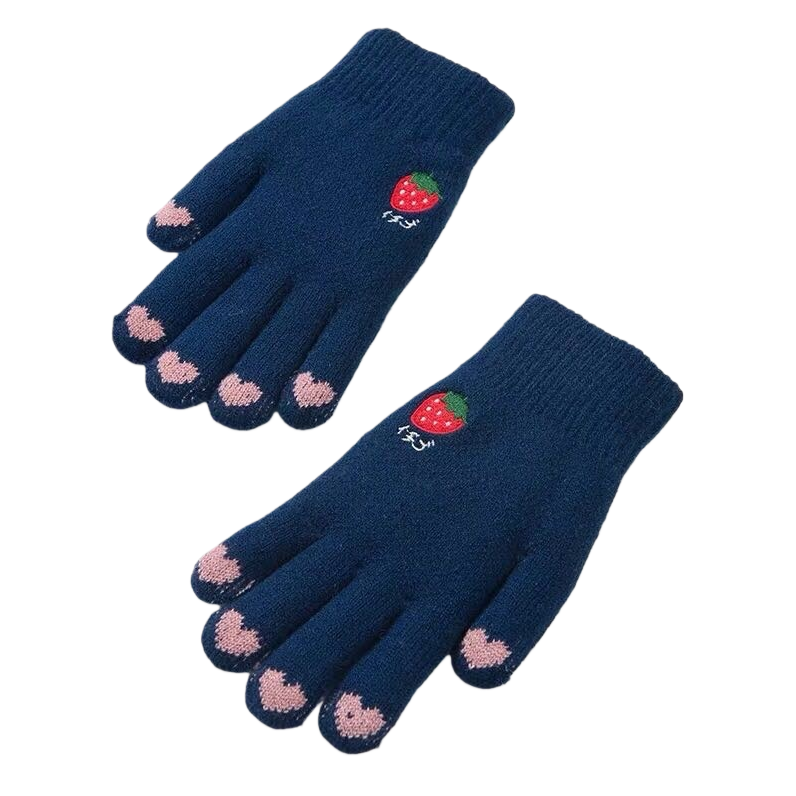 Azul oscuro fresa patrón guantes de punto rosa fingertips estilo guantes de calor y frío Item Picture