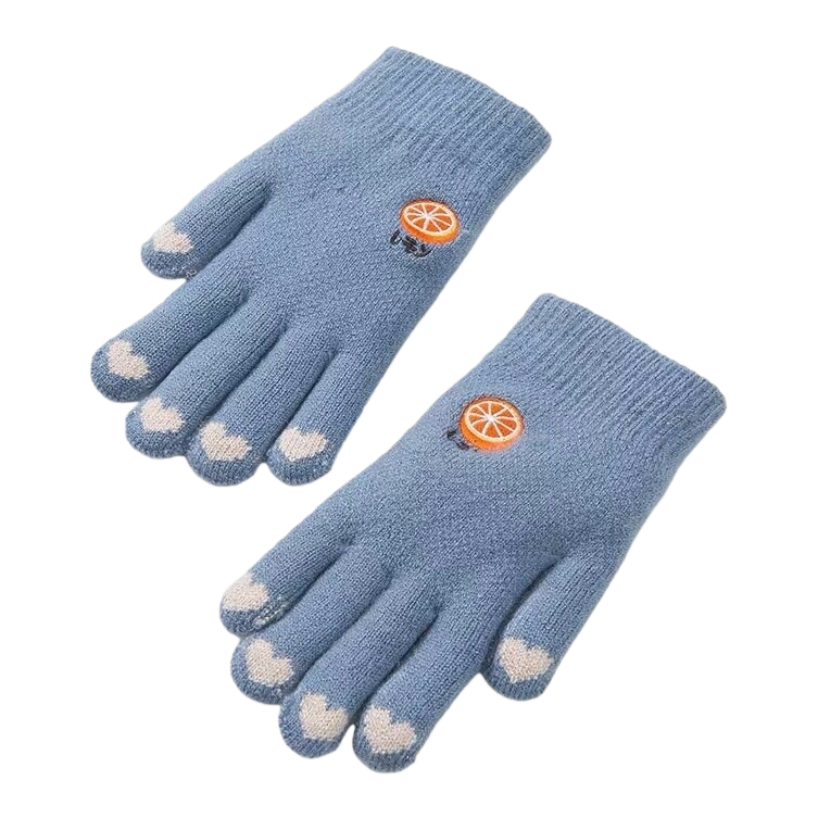 The blue knitted gloves with white heart-shaped fingertips are warm and anti-slip Item Picture