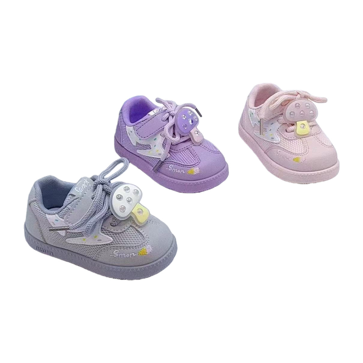 Three pairs of children's sports shoes are available in grey, purple and pink
