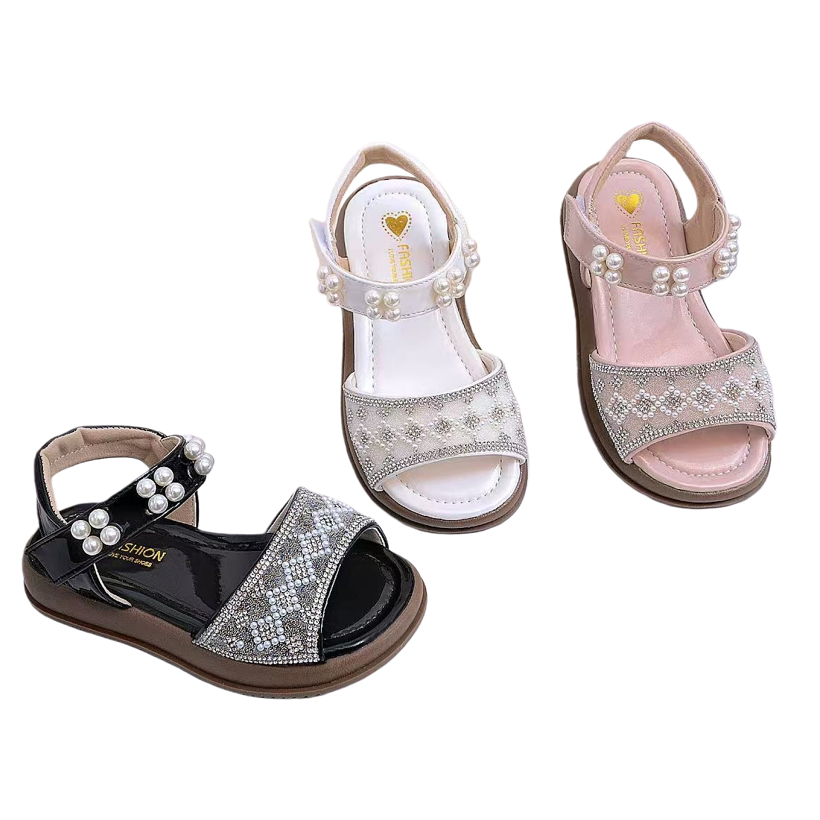 Three pairs of fashionable children's sandals with pearl decoration for girls, summer style, breathable and anti-slip Item Picture