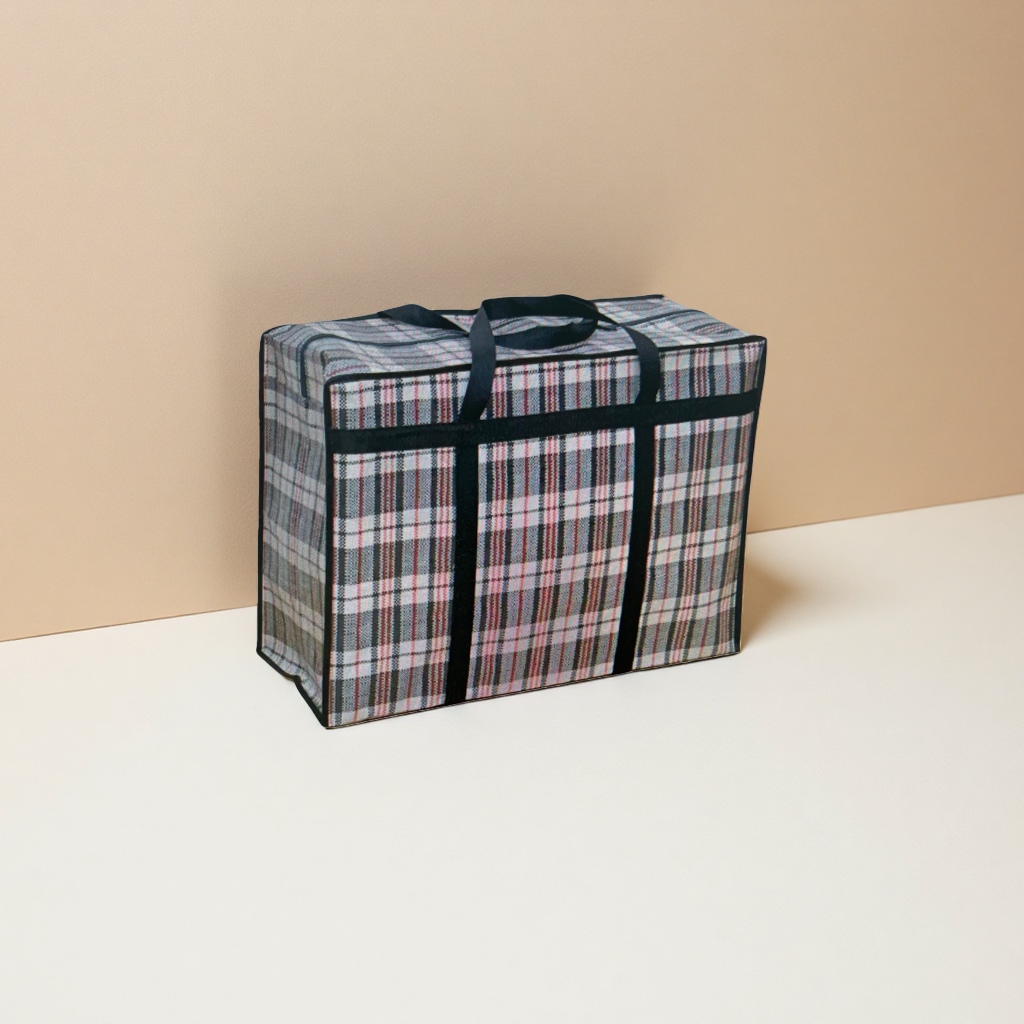 A multi-functional portable fabric storage bag with a checkered pattern