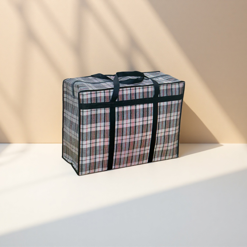 A multi-functional portable fabric storage bag with a checkered pattern Application Scenario