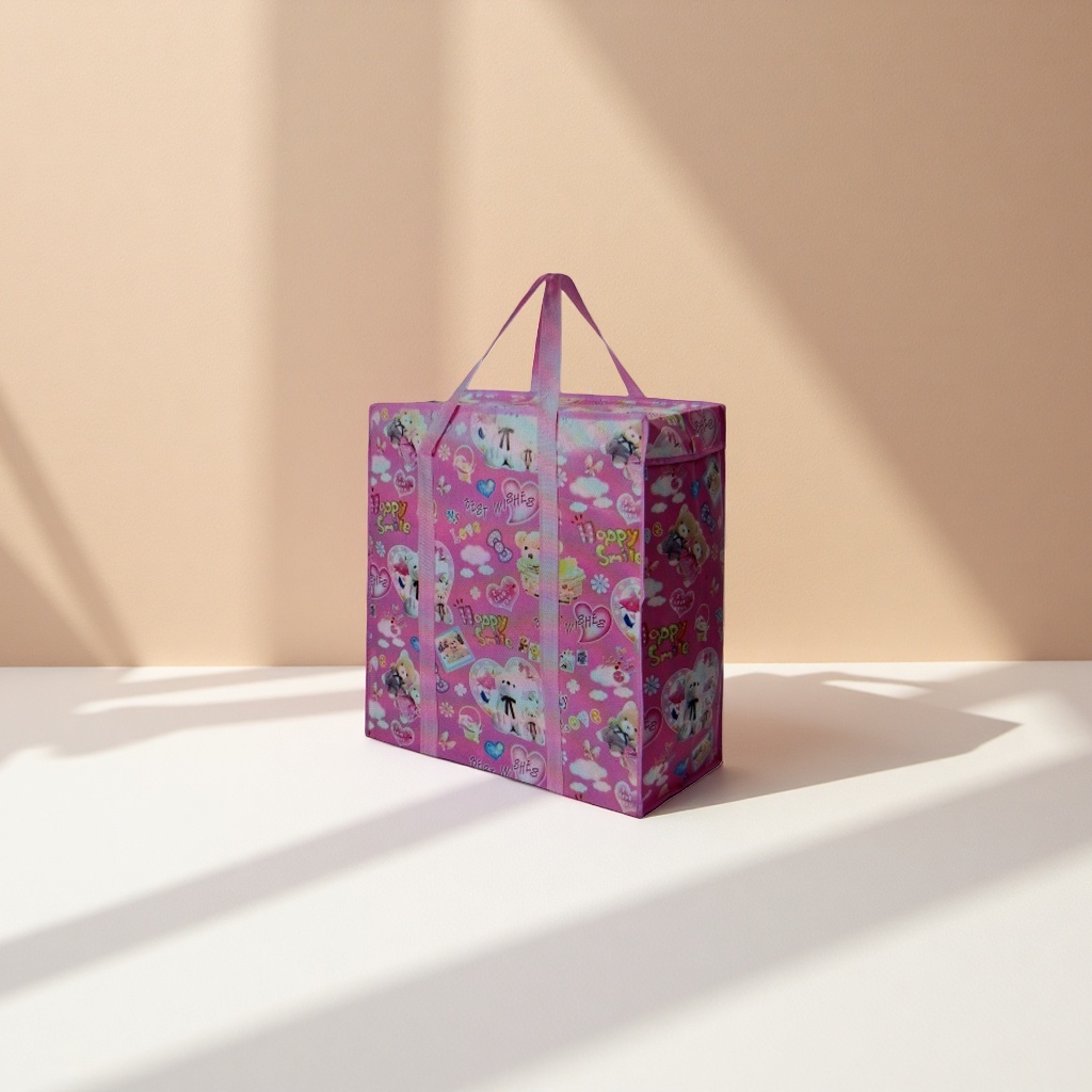 Pink cartoon pattern shopping bag, foldable portable large-capacity handbag
