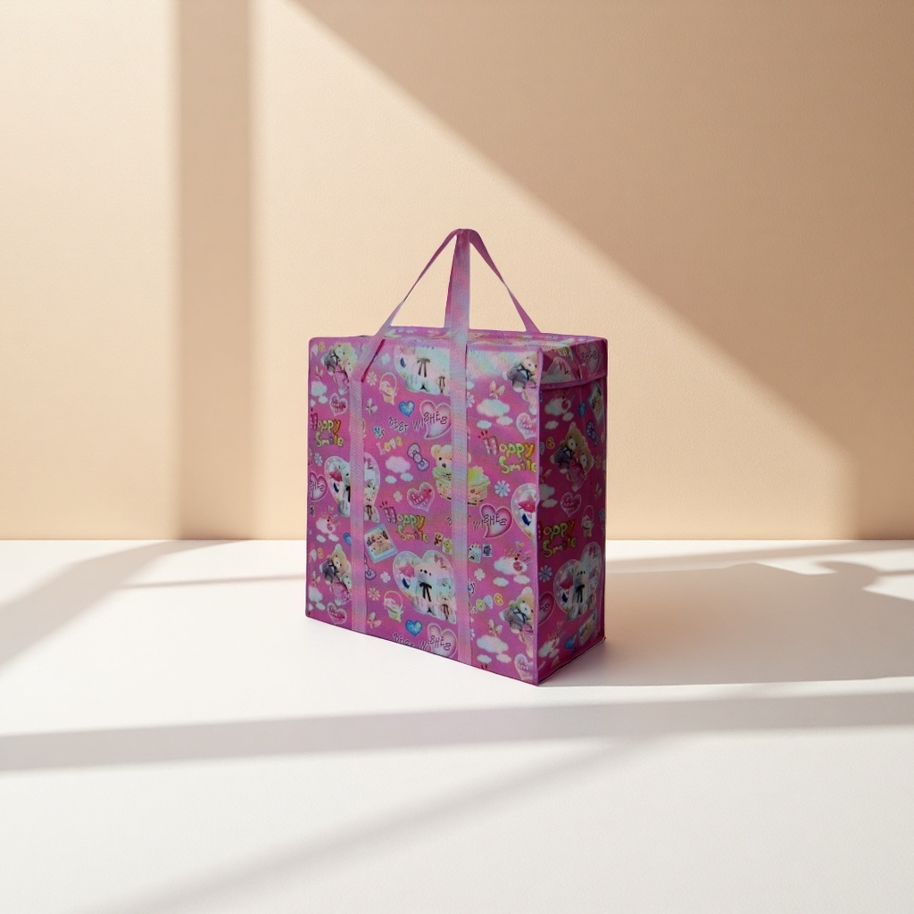 Pink cartoon pattern shopping bag, foldable portable large-capacity handbag Application Scenario