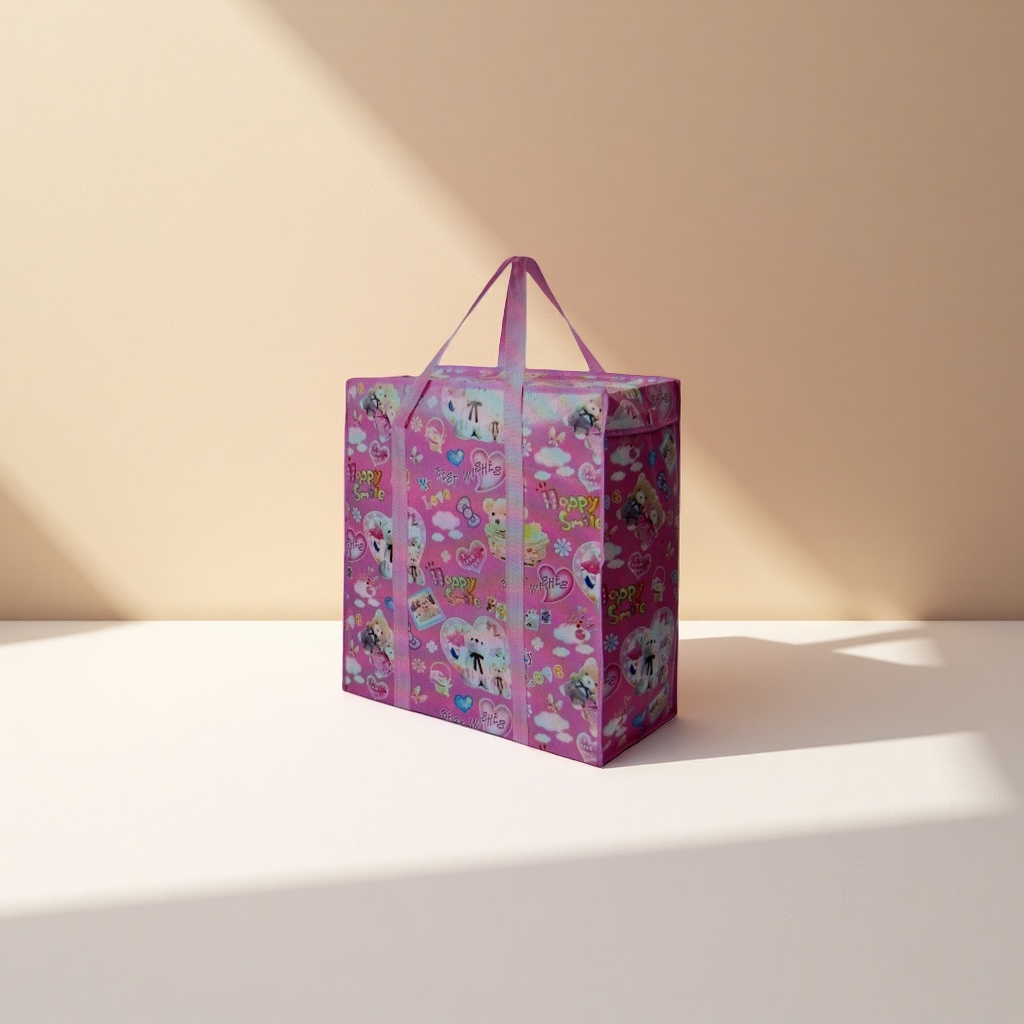Pink cartoon pattern shopping bag, foldable portable large-capacity handbag details Picture