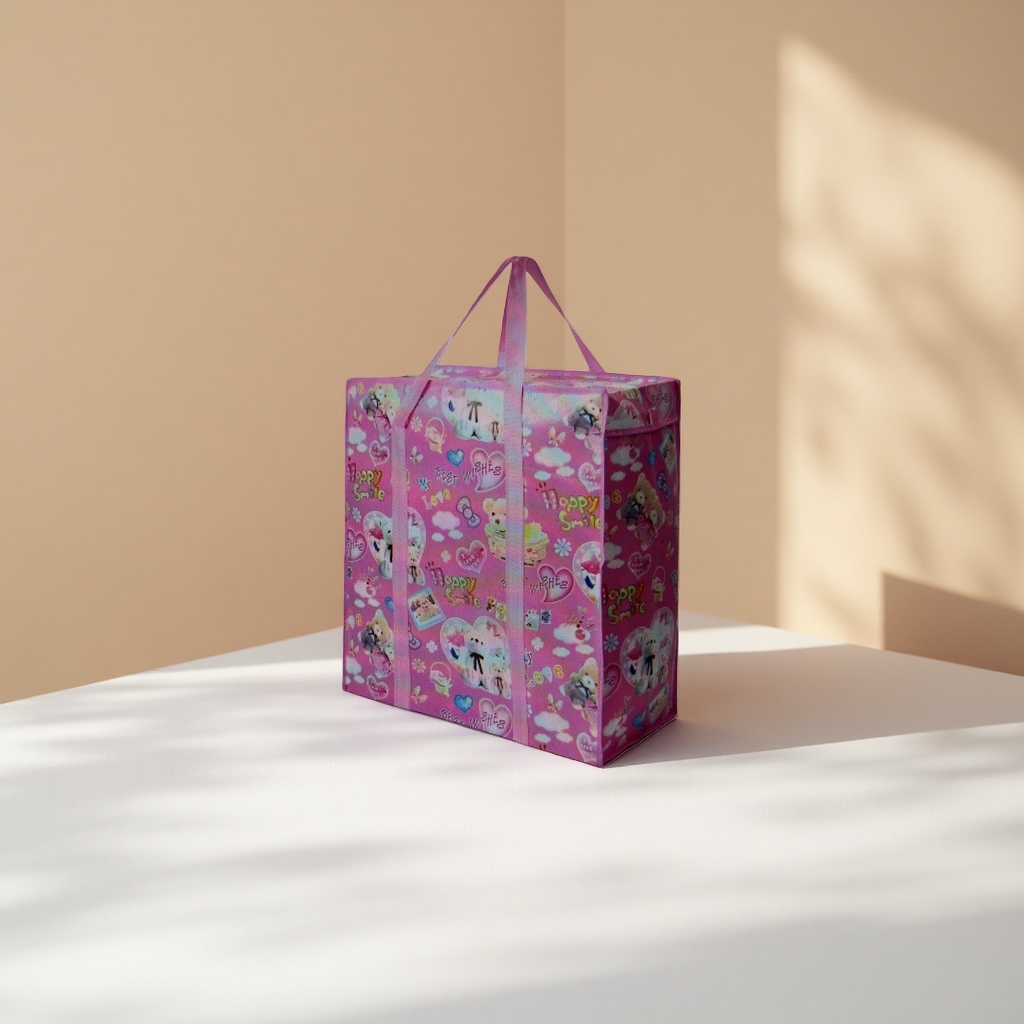 Pink cartoon pattern shopping bag, foldable portable large-capacity handbag Specification image