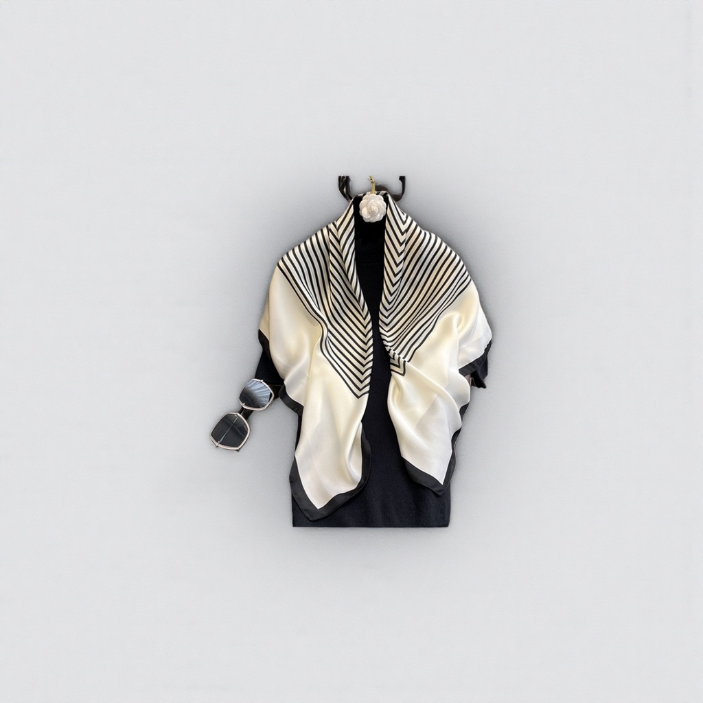 黑白条纹真丝丝巾女士春夏围巾百搭配饰100cm×100cm