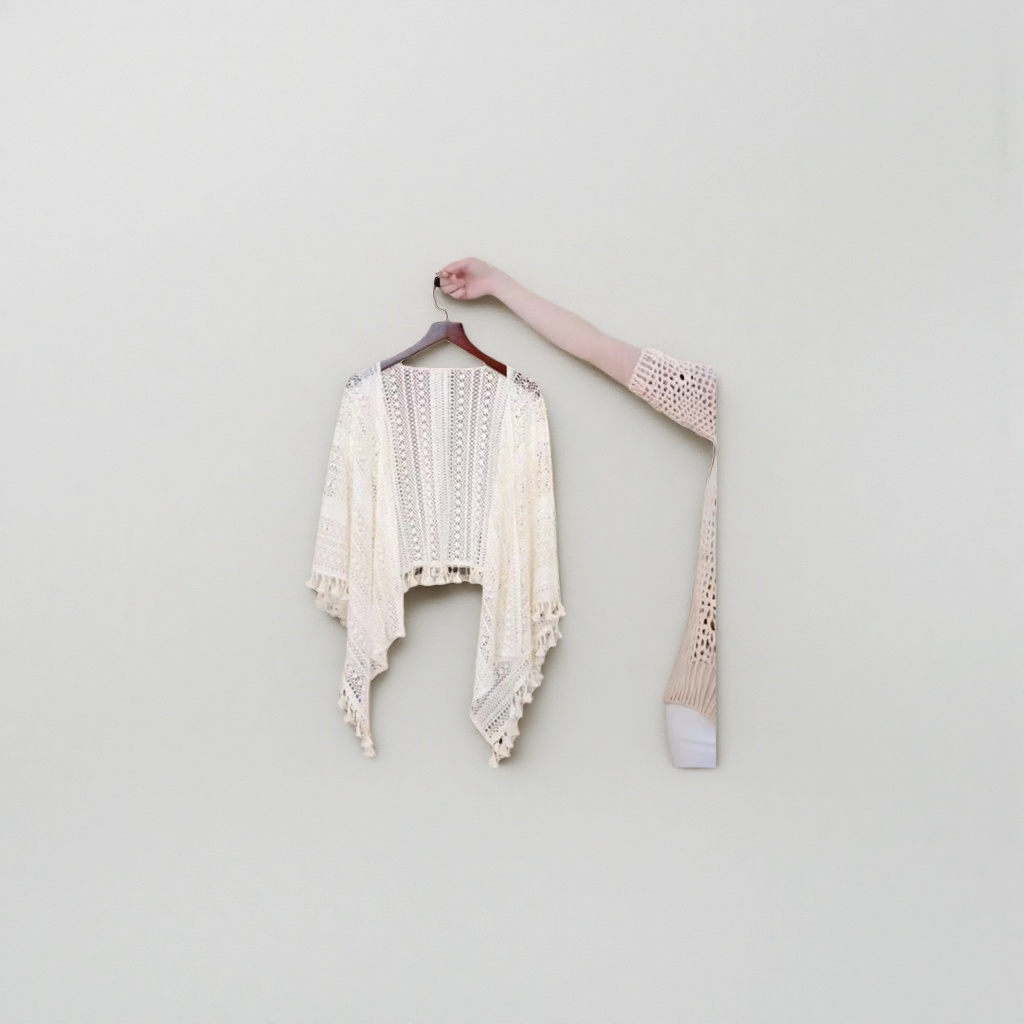 Blanco calado flecos punto cardigan chal casual versátil top details Picture
