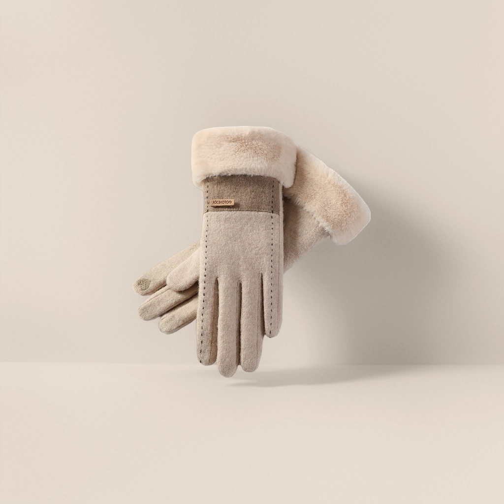 Beige plush warm gloves for women, thickened cold-proof touch screen, available in various sizes for autumn and winter details Picture