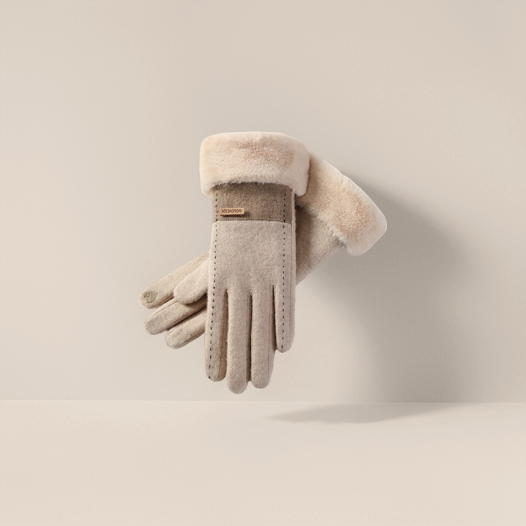 Beige plush warm gloves for women, thickened cold-proof touch screen, available in various sizes for autumn and winter