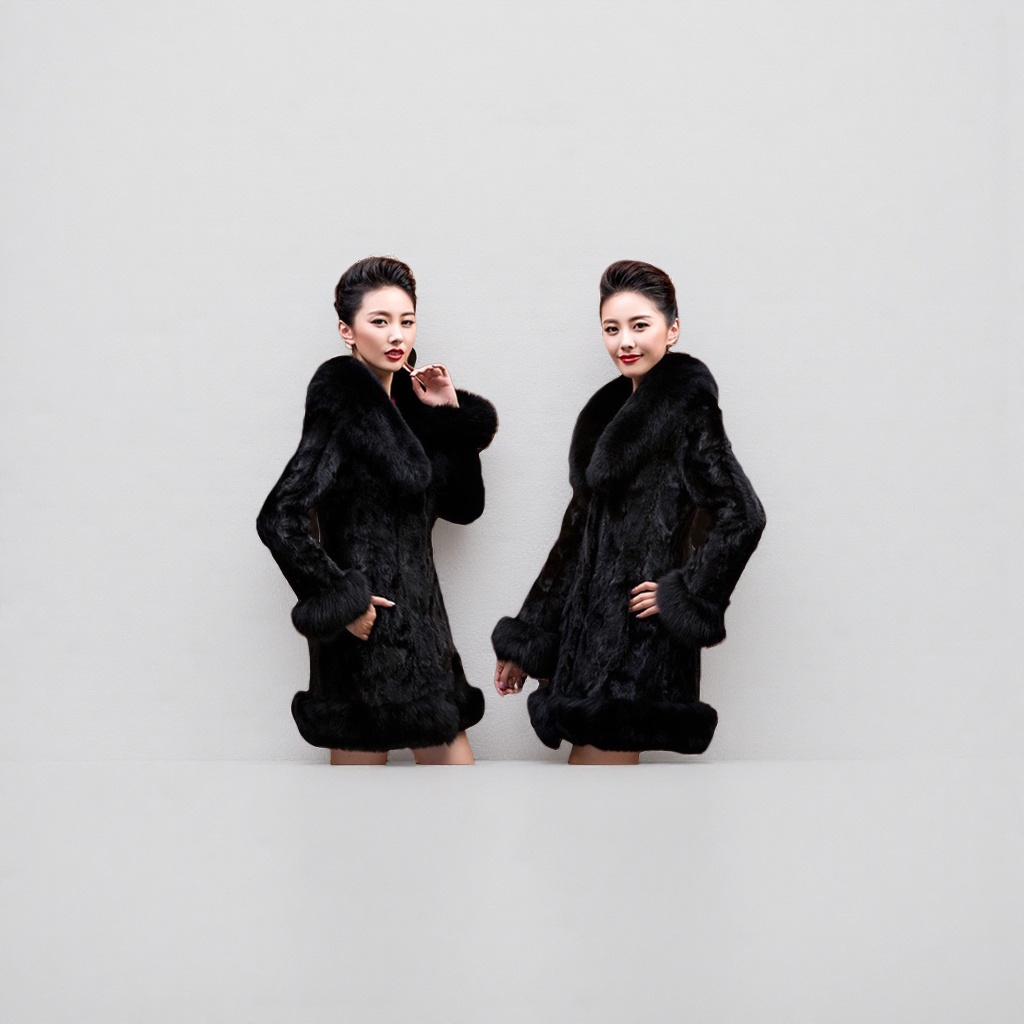 Black fur coat for women, warm, fashionable, slim and long, a new winter collection details Picture
