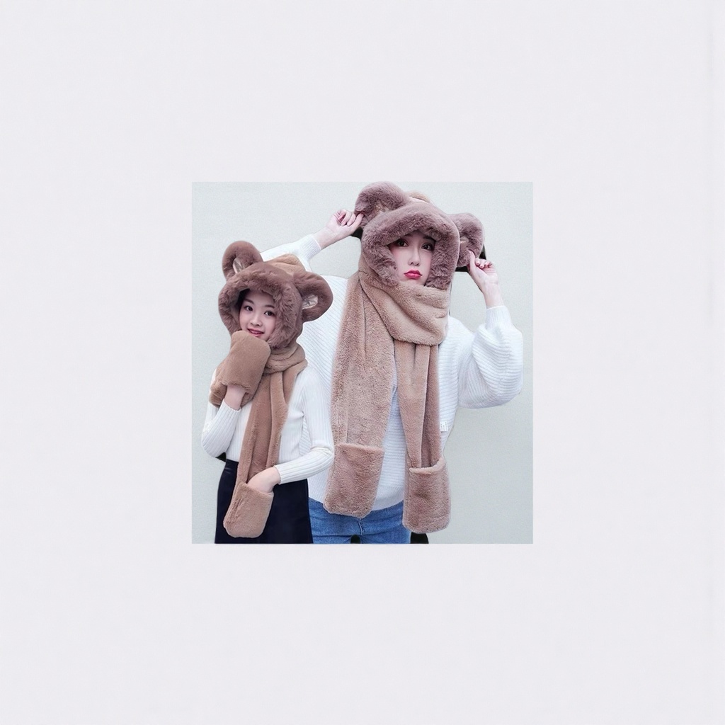 A three-piece set of brown plush bear ear hat, scarf and gloves for women's winter warm accessories details Picture