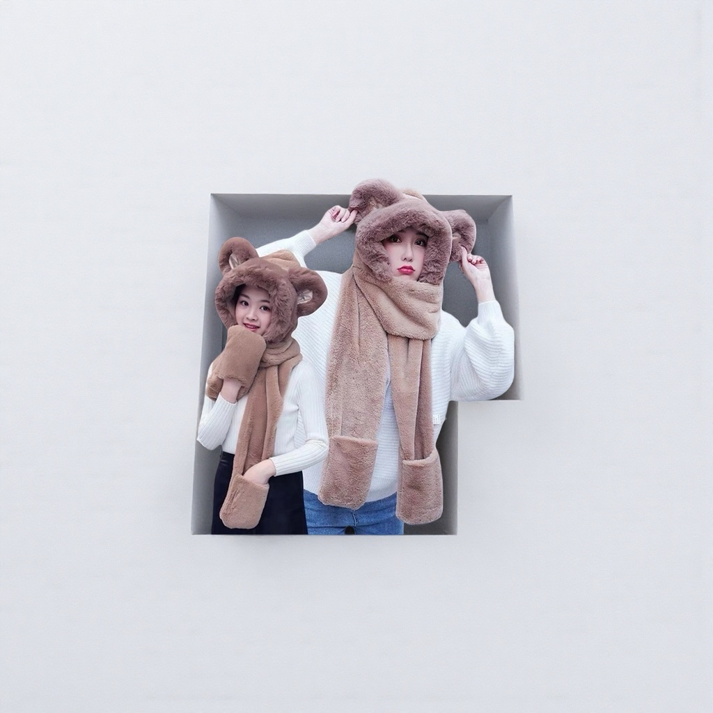 A three-piece set of brown plush bear ear hat, scarf and gloves for women's winter warm accessories