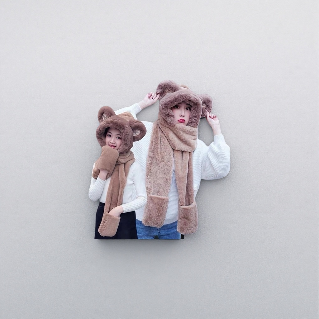 A three-piece set of brown plush bear ear hat, scarf and gloves for women's winter warm accessories Specification image