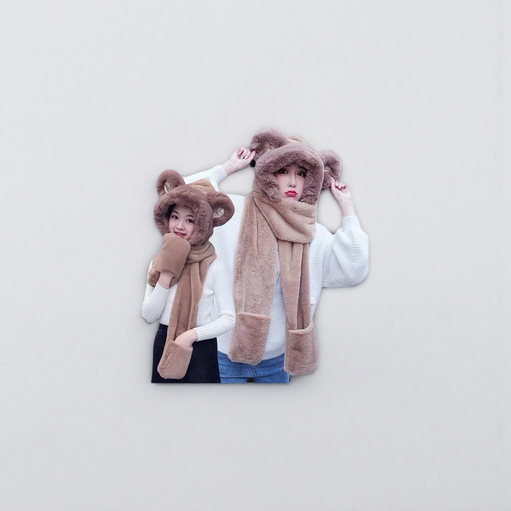 A three-piece set of brown plush bear ear hat, scarf and gloves for women's winter warm accessories Application Scenario