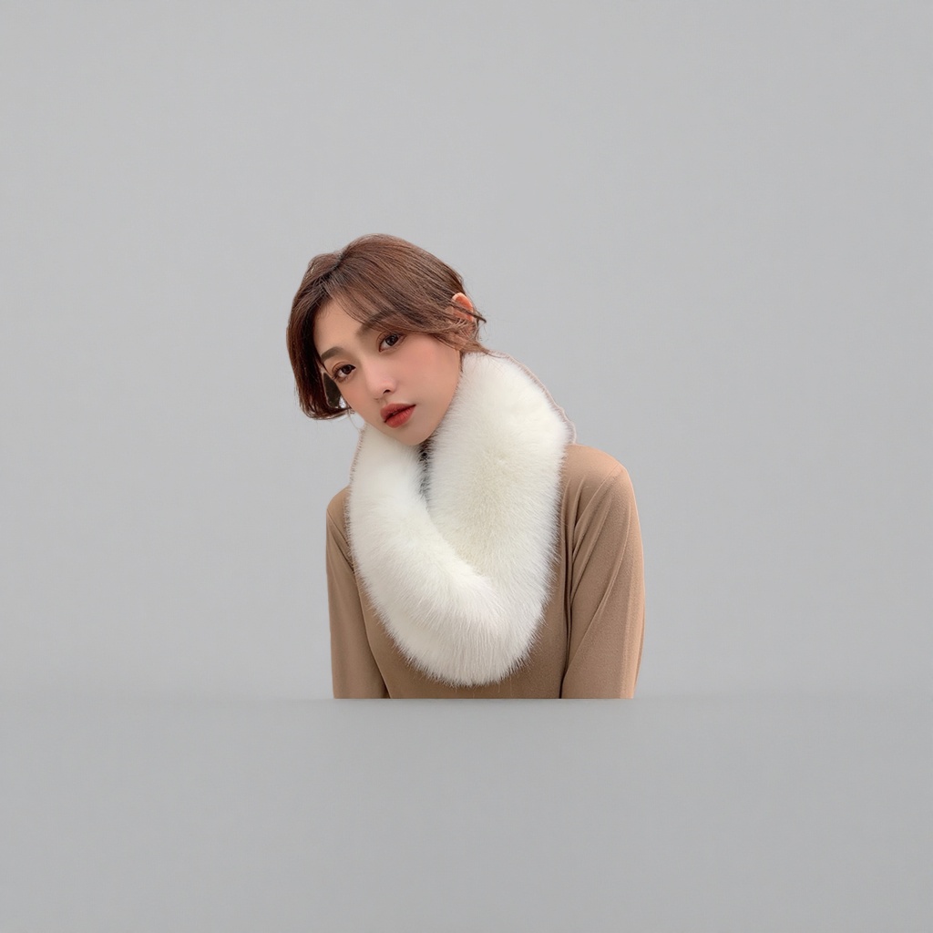 A thick and long white plush scarf for women to keep warm in autumn and winter, versatile and fashionable details Picture